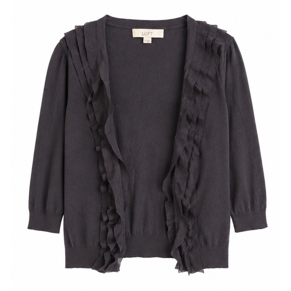 Ann Taylor LOFT Womens Dark Charcoal Grey Ruffle Trim Open Front Cardigan Size M